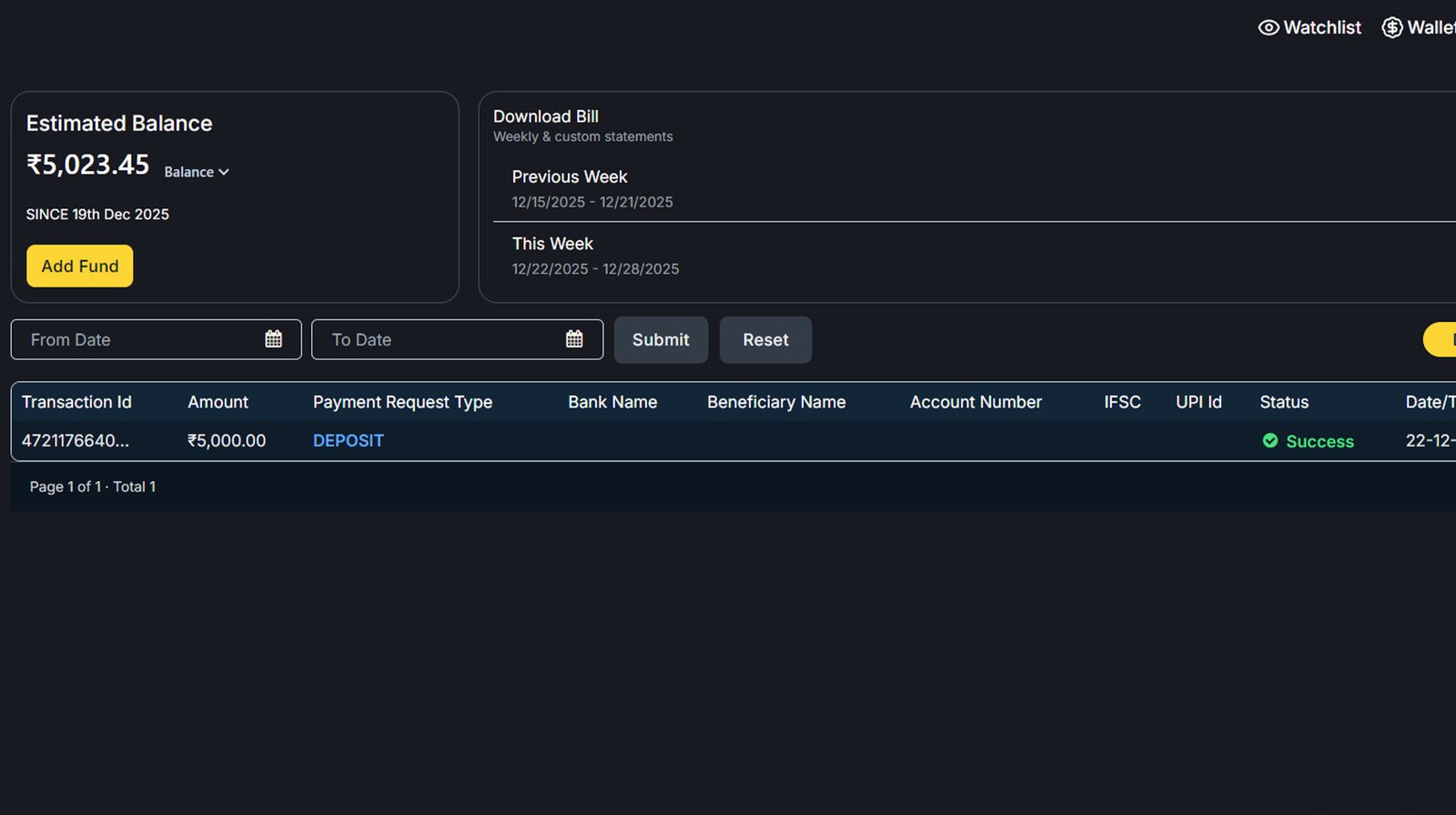 Wallet Balance & Transaction History